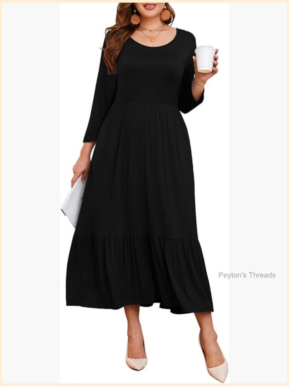 Plus Size Women's Casual Long Maxi Dress with Pockets 3/4 Sleeve A-Line